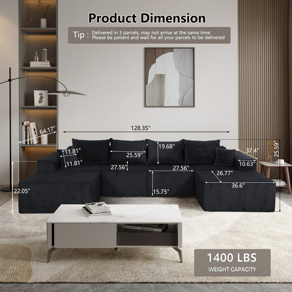 English Elm 6-Piece Modular U-Shaped Sectional Sofa with Chaise Convertible Corduroy Comfort and Secure Base Black W3163S00040