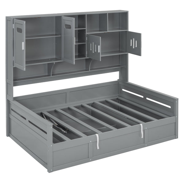 English Elm Full Size Wooden Daybed With Hydraulic Lift, Integrated Storage Cabinet & Shelves In Gray Finish N820S00047E