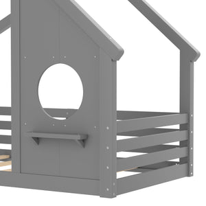English Elm Twin House Floor Bed with Window & Shelf, Solid Wood Pitched Roof Design for Safe Cozy Sleep Grey W1580P362683