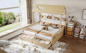 English Elm Double Twin House Bed Pine Wood Frame Kids Playhouse Bunk with Storage Drawers Natural W5305S00007