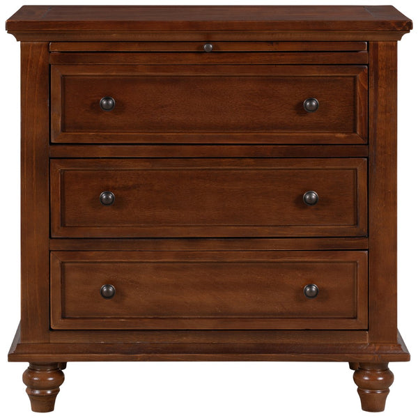 English Elm U_style Minimalist 3 Drawer Nightstand with Pull Out Tray Rubberwood Legs Bedroom Storage Brown WF319367AAD