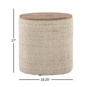 English Elm Wood Lidded Storage Ottoman Handwoven Wool Artisan Texture for Bohemian Living Spaces B202P471523
