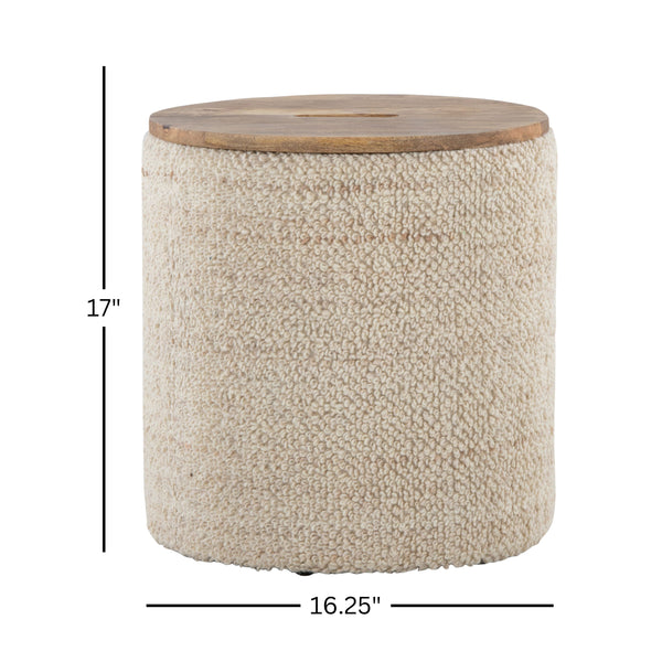 English Elm Wood Lidded Storage Ottoman Handwoven Wool Artisan Texture for Bohemian Living Spaces B202P471523