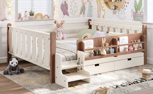 English Elm Queen Bunk Bed with Trundle Solid Pine Kids Car Themed Frame Built-in Bookshelf Beige W1580S00542