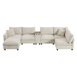 English Elm 139'' U-shaped Corduroy Sectional with Ottoman Console Usb Port and Cup Holders for Living Beige N723S1166A