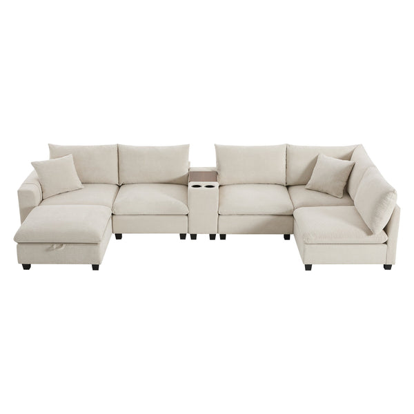 English Elm 139'' U-shaped Corduroy Sectional with Ottoman Console Usb Port and Cup Holders for Living Beige N723S1166A