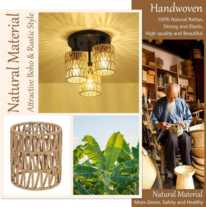 English Elm Flush Rattan 3-Light Semi Flush Mount Ceiling Light Fixture – Handwoven Eco Boho Farmhouse Chic Ambient Brown W2738P185408