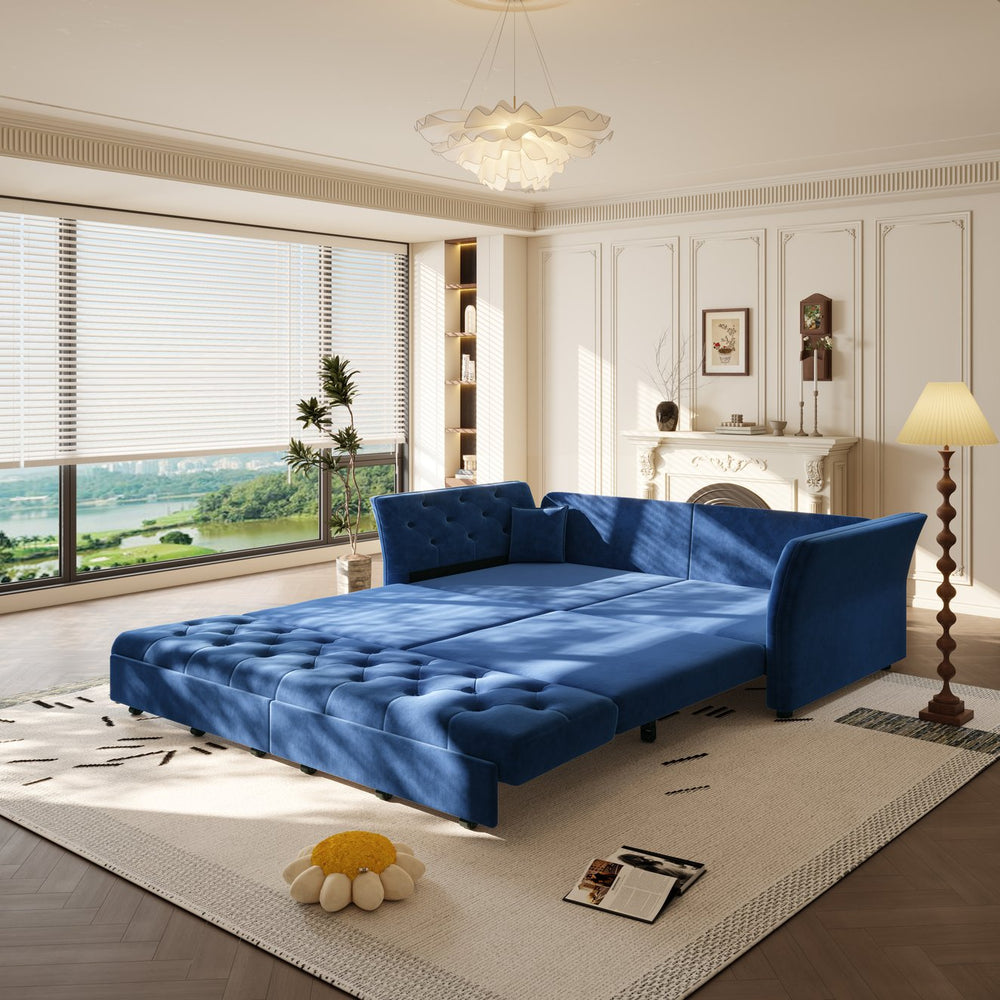 English Elm 74.4" Queen Velvet Sleeper Sofa Artisan Floral Tufted Cushions Converts for Guest Rooms Blue W1885S00306