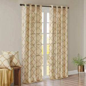 JLA Home Madison Park - Fretwork Metallic Fret Print Curtain Panel with Gunmetal Grommets — Textured Cotton-Blend Light Filter Beige/Gold MP40-3599