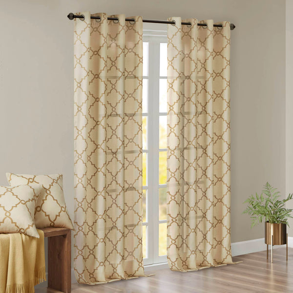 JLA Home Madison Park - Fretwork Metallic Fret Print Curtain Panel with Gunmetal Grommets — Textured Cotton-Blend Light Filter Beige/Gold MP40-3599