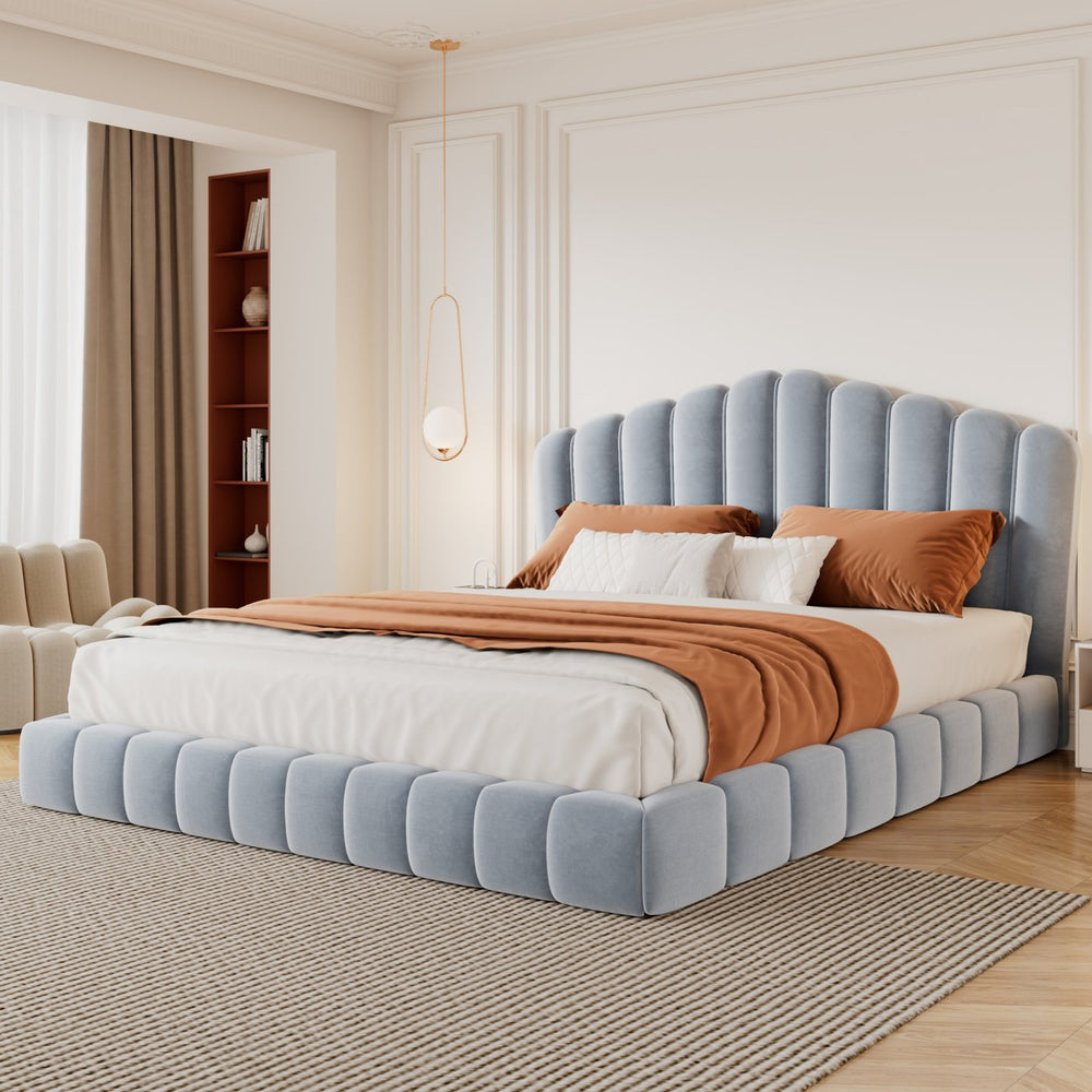 English Elm Velvet Queen Platform Bed Shell Headboard Quilted Frame Low Profile Bedroom BS701P360713C