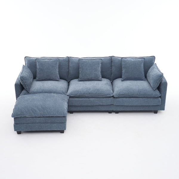 English Elm Beige Chenille Sectional Sofa with Modular Ottoman for Living Room or Studio Blue W2603S00007