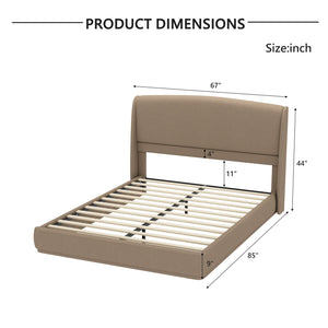 English Elm Upholstered Queen Platform Bed Curved Wingback Linen Headboard Modern Bedroom Frame Brown N733S439498N