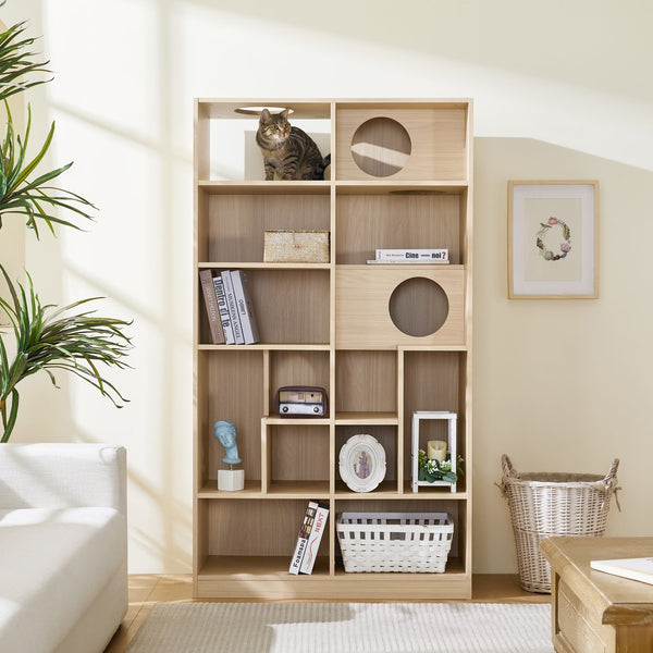 English Elm Modern 2 IN 1 Wood Bookshelf Cat House with Storage & Litter Box Enclosure, Natural Multi-Use Climbing Shelf 35.4"L x 15.7"W x 63.5"H N843P254852N