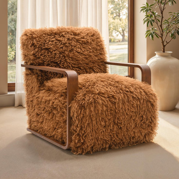 English Elm Camel Plush Faux Fur Accent Chair with Retro Curved Wood Arms, Tight Seat & Back, 28.3"W x 35.4"D B2741P401382