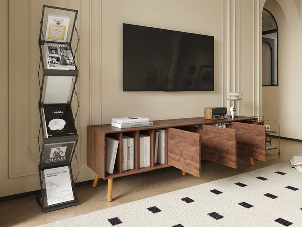 English Elm 70" Mid-Century Modern TV Stand with Lattice Wood Grain, 3 Cabinets & 4 Open Shelves, Walnut Elegance N710P222773P