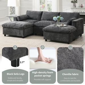 English Elm [video]86.5'' Chenille U-shaped Sectional with Dual Ottomans and Storage Pockets for Living Rooms Dark Gray N723S7723E