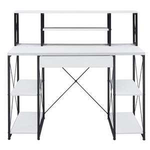 English Elm White White and Black Office Desk with Hutch, Spacious Drawer, Stable Wood Surface for Studios B062P184529