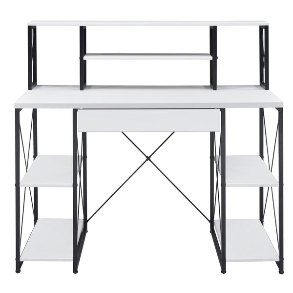 English Elm White White and Black Office Desk with Hutch, Spacious Drawer, Stable Wood Surface for Studios B062P184529