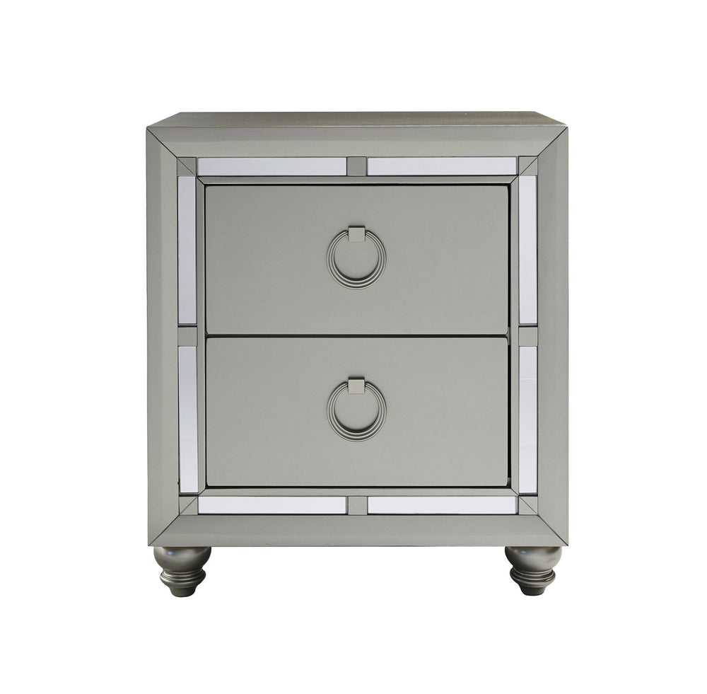 English Elm CHLOE Silver Gemstone Nightstand with Mirror Accents, Spacious Drawers, Bun Feet & Center Glide B201P215916