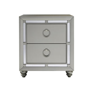 English Elm CHLOE Silver Gemstone Nightstand with Mirror Accents, Spacious Drawers, Bun Feet & Center Glide B201P215916
