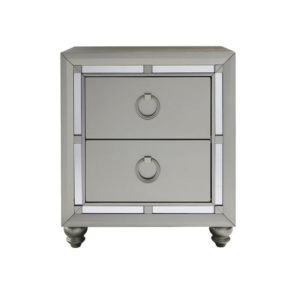 English Elm CHLOE Silver Gemstone Nightstand with Mirror Accents, Spacious Drawers, Bun Feet & Center Glide B201P215916