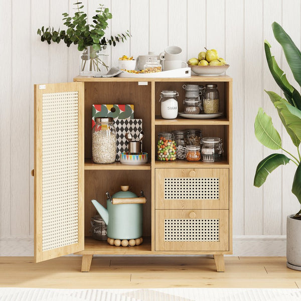 English Elm Rattan Cane Front Sideboard with Drawers Adjustable Shelf Bohemian Storage Cabinet Natural T3623P434728