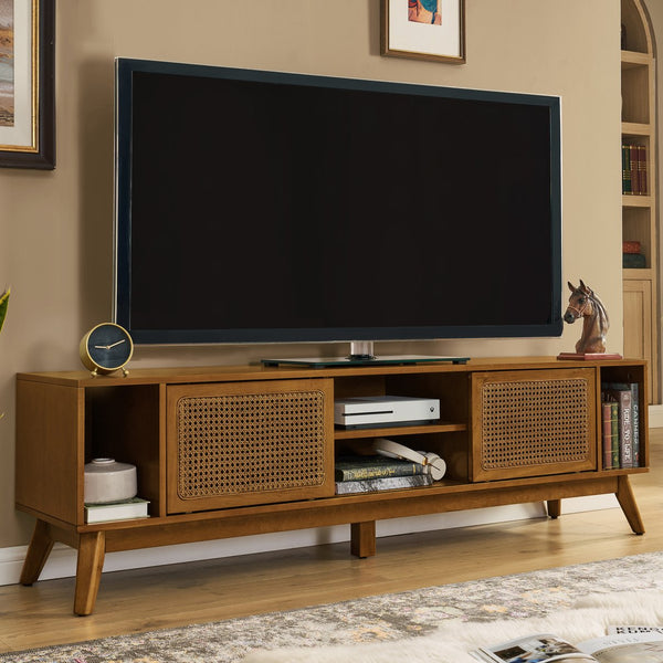 English Elm 67.9 Inch Mid Century Modern Rattan Tv Stand For 75" Tvs - Stylish Media Console With Smart Storage & Solid Wood Legs W1801P303380