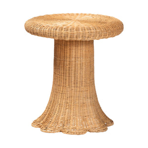 English Elm Scallop Handwoven Rattan Round Pedestal Accent Table Boho Coastal Sunroom Decor B2750P467851