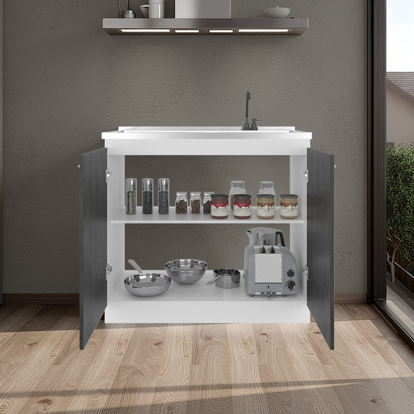 English Elm Zurich Freestanding Stainless Steel Utility Sink with Black Storage Cabinet for Garage Grey+White B200S00457