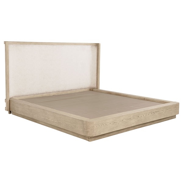 English Elm Funston Queen Bed with Tan Upholstered Headboard and Warm Oak Grain Wood Frame B062S01738