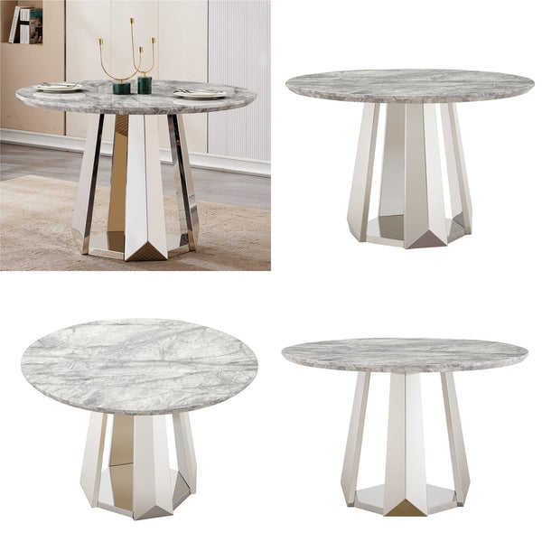 English Elm 47" Round Marble Dining Table - Modern Kitchen Centerpiece With Stylish Faux Marble & Steel Base W3456S00035