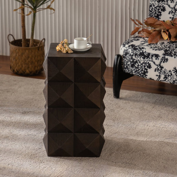 English Elm 23.62"Height Vintage Embossed Retro Side Table with Three-Dimensional Carved Pattern Durable Wood Nightstand Brown W757P250946