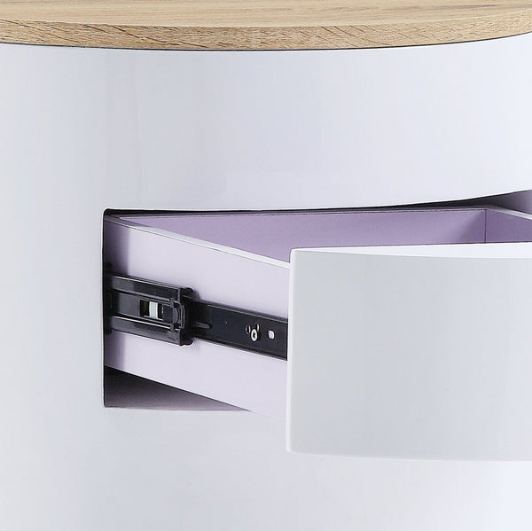 English Elm Otith Glossy White Accent Table with Drawer and Display Shelf — Modern Round Utility Piece B2726P243239