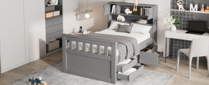 English Elm Twin Captain Platform Bed Frame with Built-In Bookcase, Four Drawers & Slat Support for Storage Gray GX001828AAE