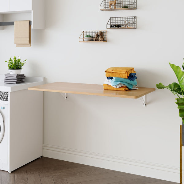 English Elm Laundry Wall-Mounted Folding Table 45x22 Burly Wood – Space-Saving, Durable 100lb Capacity Workbench W3875P389936