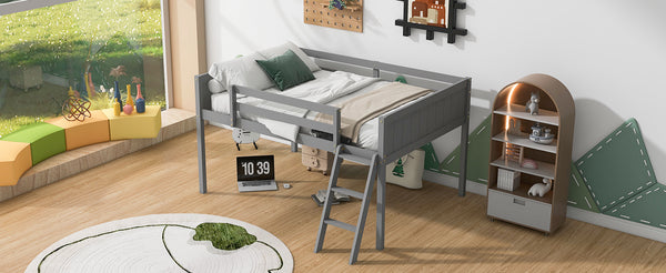 English Elm Full Low Loft Bed Pine Wood with Ladder & Guardrails, Space-Saving Play Area, Secure 350lb Capacity Gray WF531952AAE