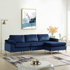 English Elm Coastal Tufted Velvet L-shaped Sectional Sofa with Brass Gold Legs Mid-century Glam Blue B2730S00017