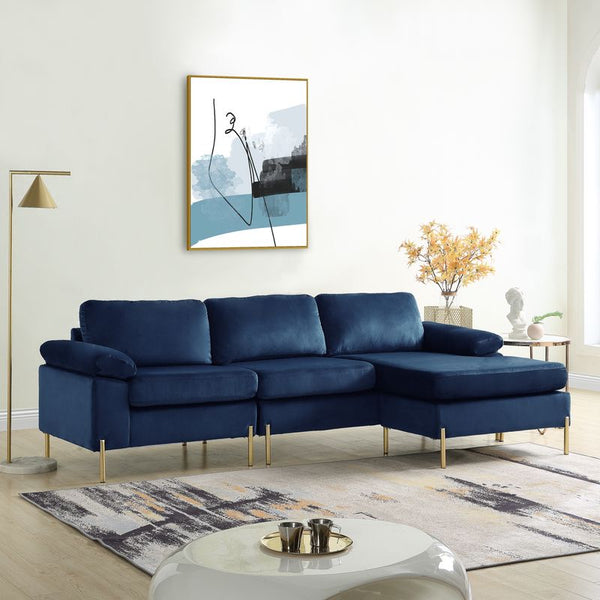 English Elm Coastal Tufted Velvet L-shaped Sectional Sofa with Brass Gold Legs Mid-century Glam Blue B2730S00017