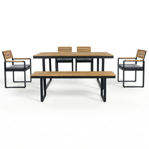 English Elm 6-piece Outdoor Acacia Wood Patio Dining Set with Cushioned Chairs Bench Steel Frame Gray N704G201255E