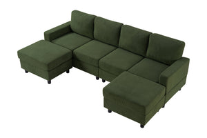 English Elm 98.8" Corduroy U-shaped Sectional with Modular Ottomans and Dense Foam for Family Rooms Green W5515S00031