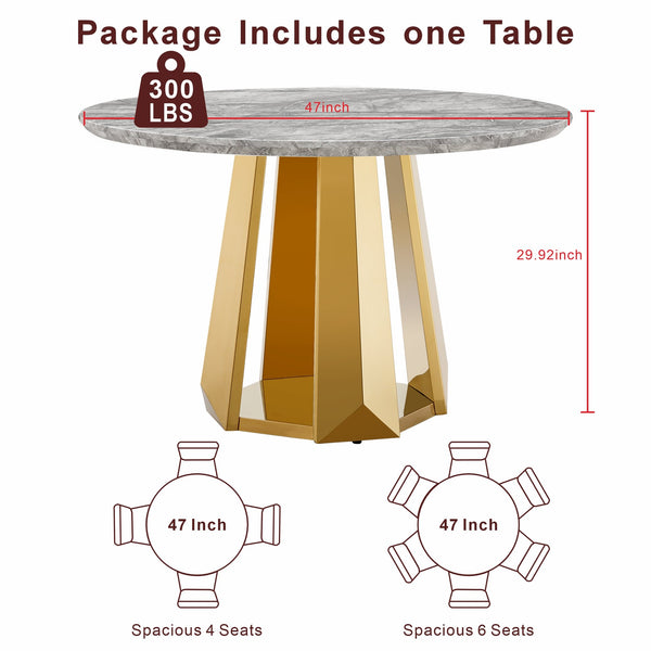 English Elm 47" Round Marble Dining Table - High Gloss Faux Marble Top & Gold Stainless Steel Base For Chic Spaces W3456S00037