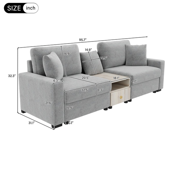 English Elm Modern Chenille Modular Sofa with Built-in Console Storage Armrest for Living Room Grey N763S000063E