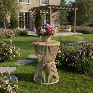English Elm Outdoor Acacia Wood Top Side Table Woven Rope Iron Frame Hourglass Patio Accent Beige,Light Teak N770P354691L