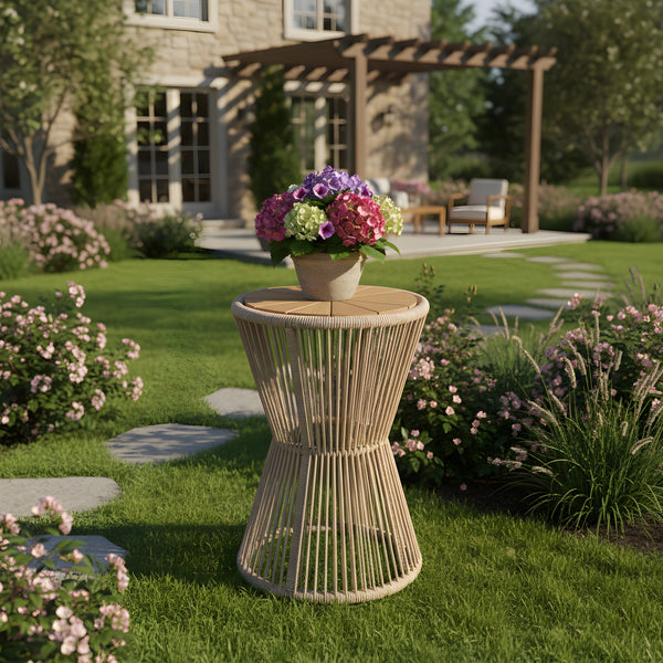 English Elm Outdoor Acacia Wood Top Side Table Woven Rope Iron Frame Hourglass Patio Accent Beige,Light Teak N770P354691L