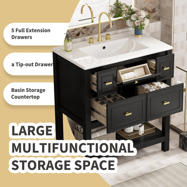 English Elm 30'' Bathroom Vanity with Ceramic Sink, Solid Wood Frame Freestanding Cabinet with 5 Drawers, Gold Knobs and Smooth Slide Rails Black N710P247488B