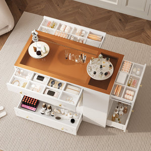 English Elm Closet Elegant walk-in island with glass display top, 6 drawers and open shelves for organized storage White 39.76 L x 17.32 W x 12.2 H N733S304513K