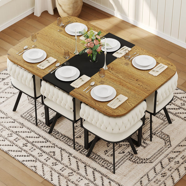 English Elm 7-piece Dining Set Tufted Velvet Chairs Melamine Table Modern Farmhouse Kitchen Beige,Black,Wood W3875S00113