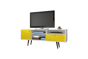 English Elm Liberty 71" TV Stand with Mid-Century Splayed Legs, Wire Management, Drawer & Cubby Storage Yellow+White B365P398364