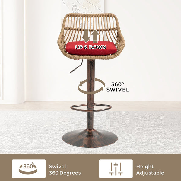 English Elm Modern Swivel Bar Stools Set of 2 Adjustable Counter Height Chairs with Linen Seat, Retro Rattan Back, 360° Rotation and Footrest, Vintage Gold Base, Durable Indoor/Outdoor Seating (Seat Height 25.6–33.9") Red W39594820